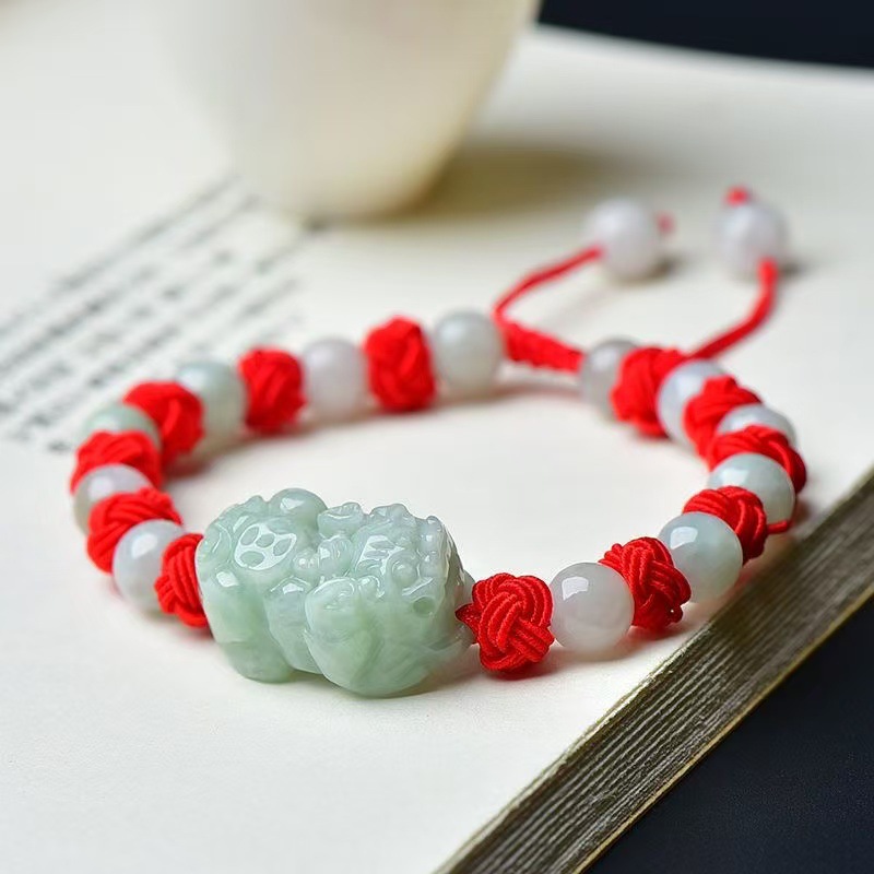 Bracelets - 天然ビルマ翡翠貔貅ブレスレットファッションアクセサリー本物の翡翠チャームビーズバングルジュエリーお守り高級ギフト女性のための
