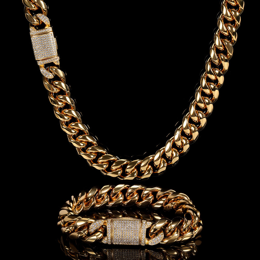 女性用ステンレススチールミターネックレススチールと金メッキク - Cuban Link Chain 12Mm のレビューと価格