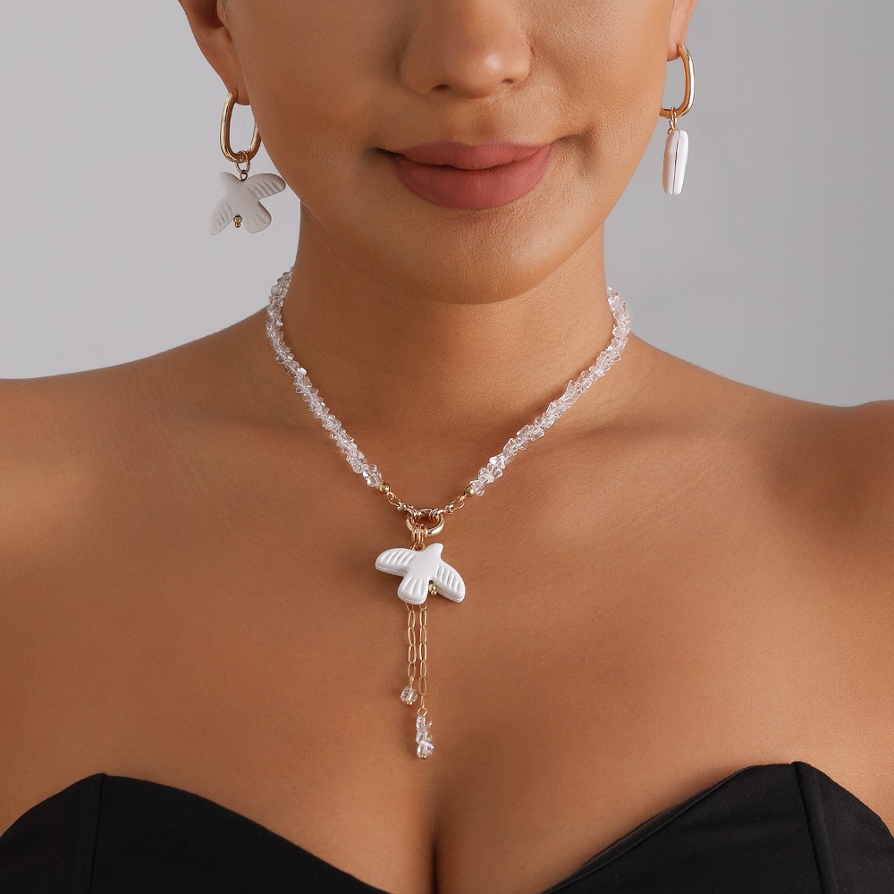 ホワイトダブパールチョーカーネックレスイヤリング女性用バード - Layered Pendant Necklace Aesthetic のレビューと価格
